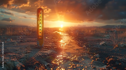 A thermometer breaking through the top as temperatures soar in a barren landscape conceptual illustration of record-breaking heat waves caused by global warming. photo