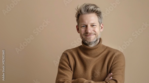 Young adult handsome blond pale man portrait, nordic type male model dressed in casual clothes studio shot, background with copy space, diversity and different beauty concept, AI generated image