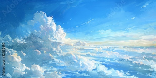 painting style, blue sky, white clouds at the bottom, peacefull photo