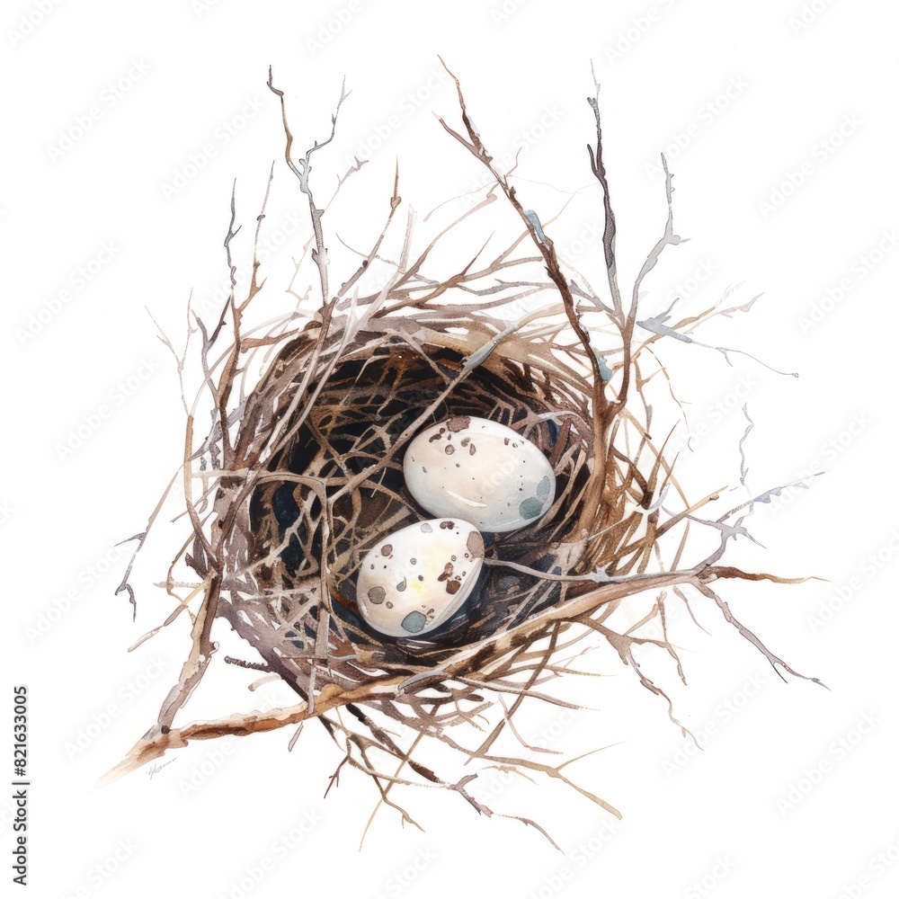 Obraz premium Watercolor painting of a minimalist bird's nest with simple twigs and delicate eggs, on isolated white background, Generative AI