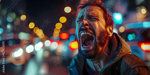 Furious Man Stuck in Nighttime Traffic Venting Intense Emotion and Anger photo