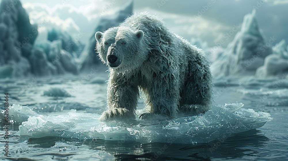 A lone polar bear on a tiny piece of ice with vast open water ...