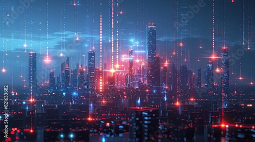 The abstract background of digital technology security is depicted through a graphic vector that represents the data connection. The cities are portrayed as creators of abstract technology