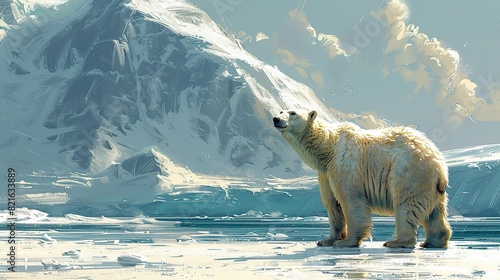 A polar bear looking towards a distant, melting ice cap conceptual illustration of the loss of Arctic habitats due to climate change. photo