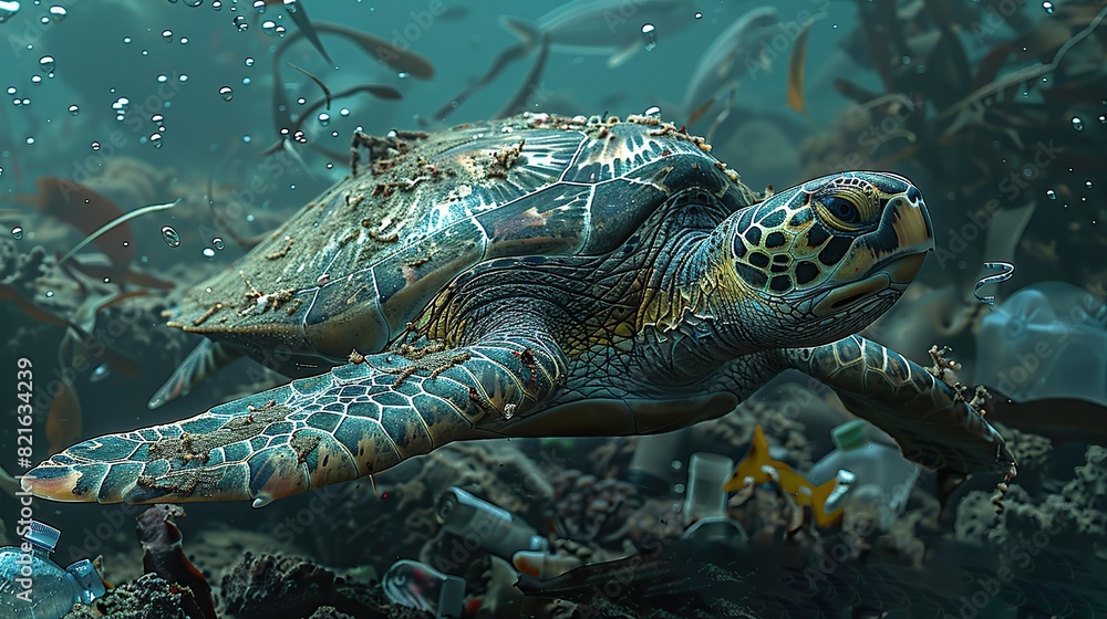 Fototapeta premium A sea turtle swimming through plastic debris in the ocean conceptual illustration of the impact of plastic pollution on marine life.