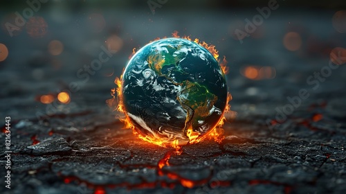 A globe covered in cracked earth with flames rising conceptual illustration of the severity and urgency of addressing global warming. photo