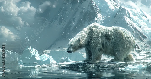 A polar bear on a melting ice floe conceptual illustration of the shrinking Arctic ice habitat due to global warming. photo