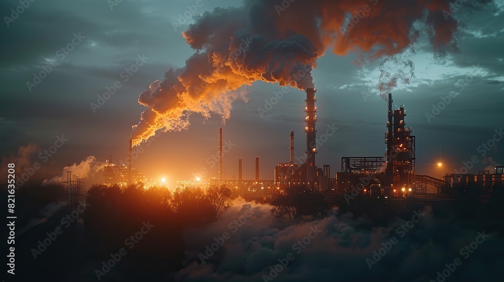 A factory chimney emitting dark smoke into the sky conceptual illustration of industrial pollution and its contribution to climate change. A factory chimney emitting dark smoke into the sky conceptual illustration of industrial pollution and its contribution to climate change.