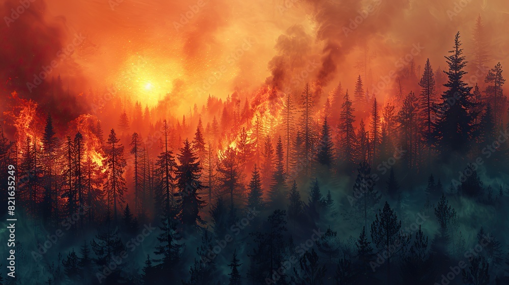 A forest with trees turning to ash under intense heat conceptual illustration of the effects of wildfires exacerbated by global warming.
