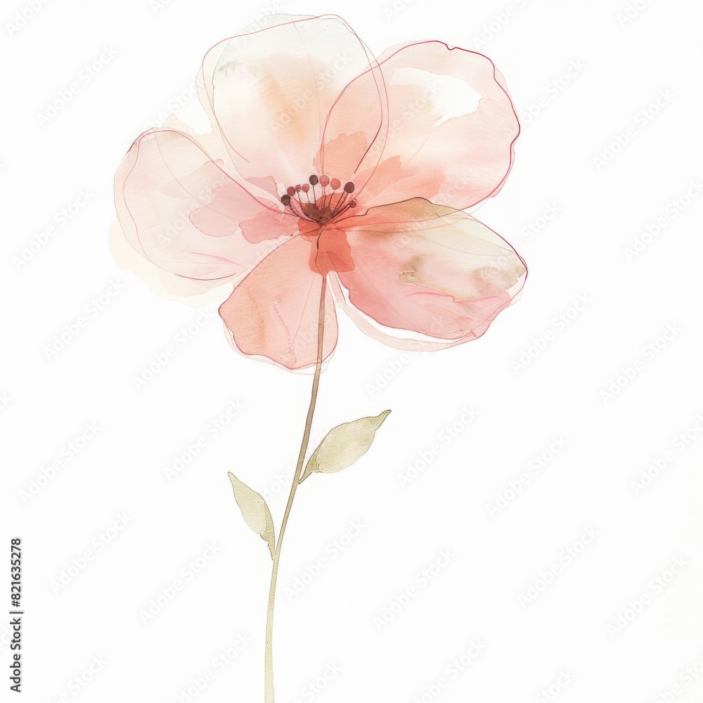 Naklejka premium Watercolor painting of a minimalist flower with simple petals and a delicate stem, on isolated white background, Generative AI
