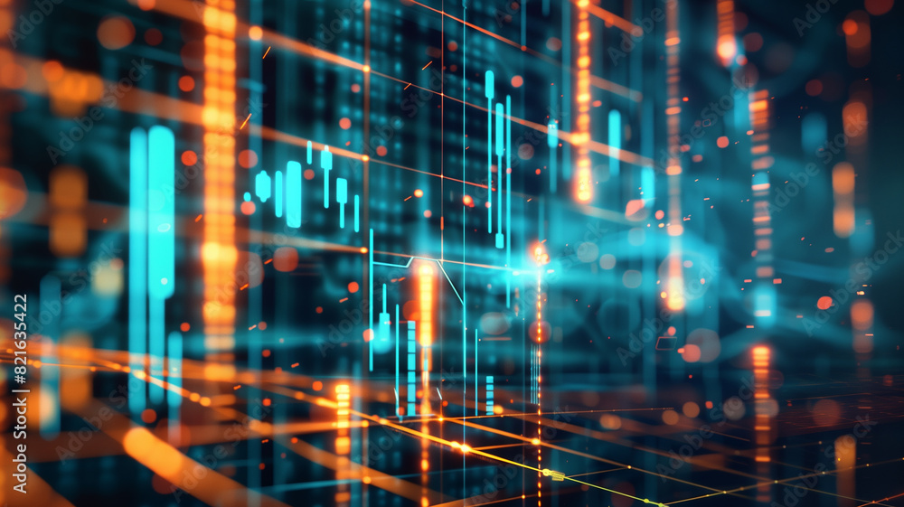 Fototapeta premium Abstract digital data background with bright blue and orange lines, representing information flow and high-tech communication networks.