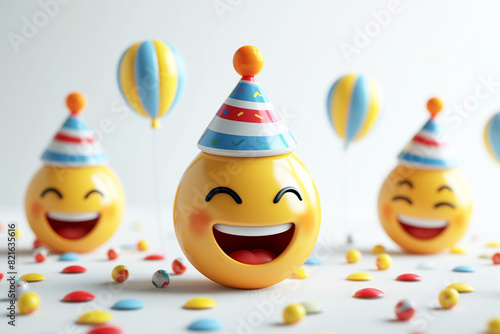 Smiling funny faces emoji with balloons and party hat. Birthday banner or card