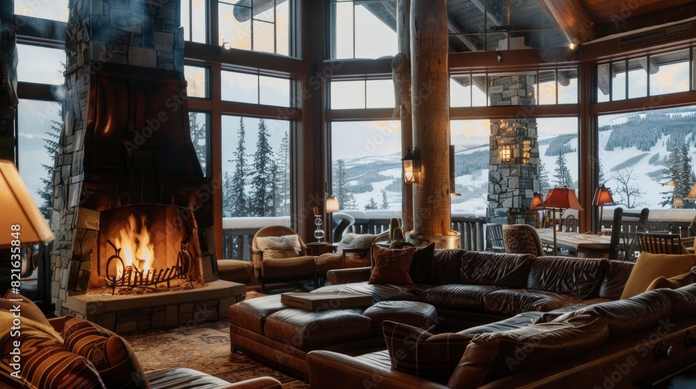 A large living room with a fireplace and a view of the mountains. The room is filled with leather couches and chairs, and there are several decorative items such as vases and a bowl A large living room with a fireplace and a view of the mountains. The room is filled with leather couches and chairs, and there are several decorative items such as vases and a bowl