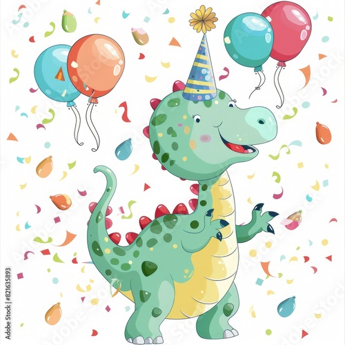 A cartoon dinosaur is wearing a party hat and standing in front of a bunch of balloons. The balloons are scattered around the dinosaur  with some of them being in the air and others on the ground