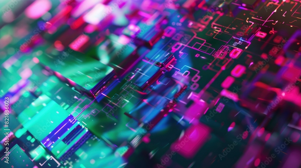 Fototapeta premium A colorful image of a computer chip with a green background. The image is abstract and has a futuristic feel to it