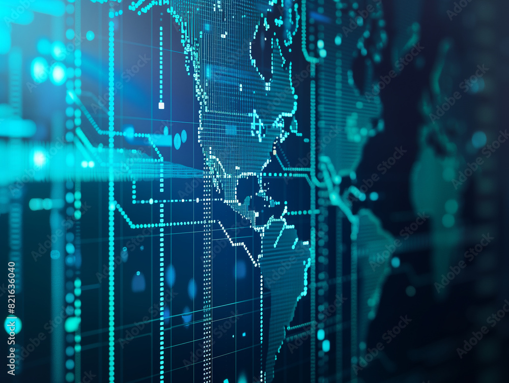 Obraz premium Futuristic digital world map with data connections visualizing global communication and network technology on a glowing screen.