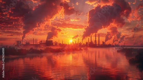 A sun setting over a smoke-filled horizon with factory silhouettes conceptual illustration of industrial emissions and their contribution to climate change.