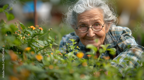Happy Grandmother Gardening in Backyard, Senior Woman Enjoying Horticulture Hobby, Joyful Elderly Lady Planting Flowers in Garden, Generative AI   © Dzynee