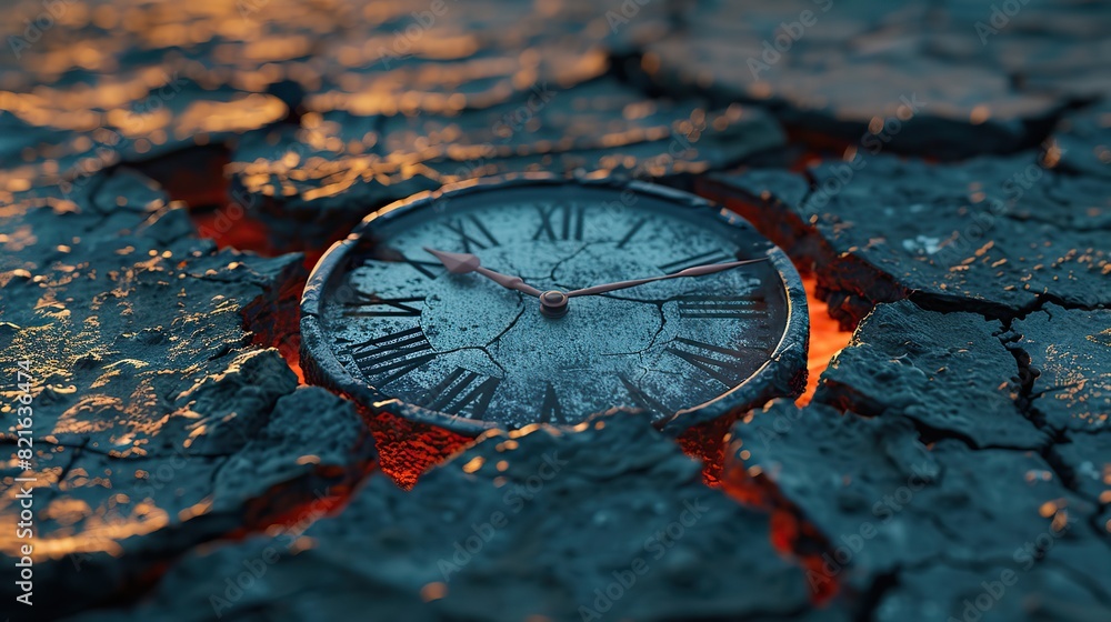 A clock with its hands melting downwards over a cracked earth background conceptual illustration of the urgency and fleeting time to address climate change.