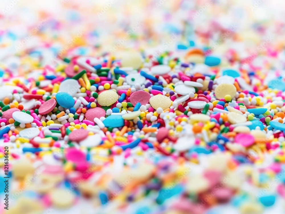 A colorful pile of sprinkles on a white background. The sprinkles are in various colors and sizes, creating a vibrant and playful atmosphere A colorful pile of sprinkles on a white background. The sprinkles are in various colors and sizes, creating a vibrant and playful atmosphere