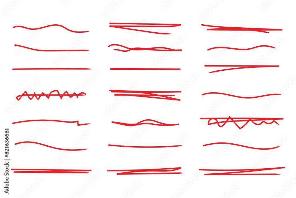 Crayon brush stroke red underline. Chalk pen highlight stroke. Vector hand drawn brush underline element set for accent, crayon texture emphasis element. Red chalk vector illustration