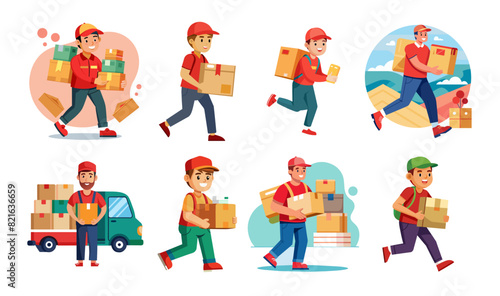  delivery person set delivering boxes Vector

