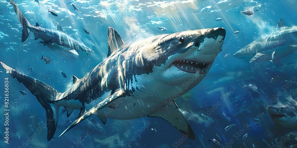 Powerful Shark Hunting in Vibrant Blue Ocean Depths Digital Painting of Marine Wildlife