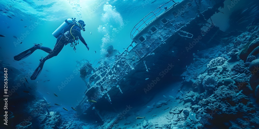 Scuba Diver Explores Eerie Sunken Shipwreck in Detailed Digital Art Underwater Ocean and Marine Life Scene Scuba Diver Explores Eerie Sunken Shipwreck in Detailed Digital Art Underwater Ocean and Marine Life Scene
