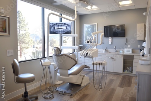 A dental office with a large window and a TV mounted on the wall © Woraphon
