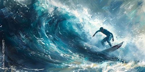 Surfer Riding a Massive Ocean Wave in Exhilarating Digital photo