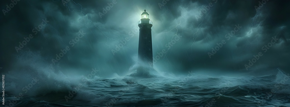 Stormy Night at a Solitary Lighthouse on a Dramatic Seascape with Moody Clouds and Crashing Waves Stormy Night at a Solitary Lighthouse on a Dramatic Seascape with Moody Clouds and Crashing Waves