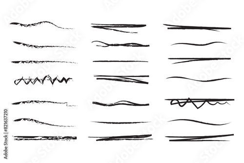 Charcoal strokes. Set of black hand drawn brush lines different forms on white background. Rough charcoal strokes. Collection of vector grunge brushes. Vector horizontal chalk lines drawn by hand.
