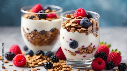 Glass of granola in yogurt with a mix of berries