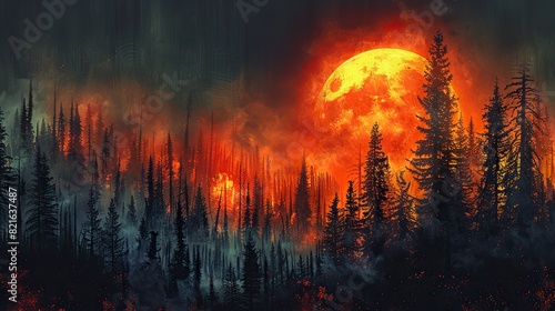 A forest with trees turning to ash under an intense sun conceptual illustration of the effects of increased wildfires due to global warming. photo