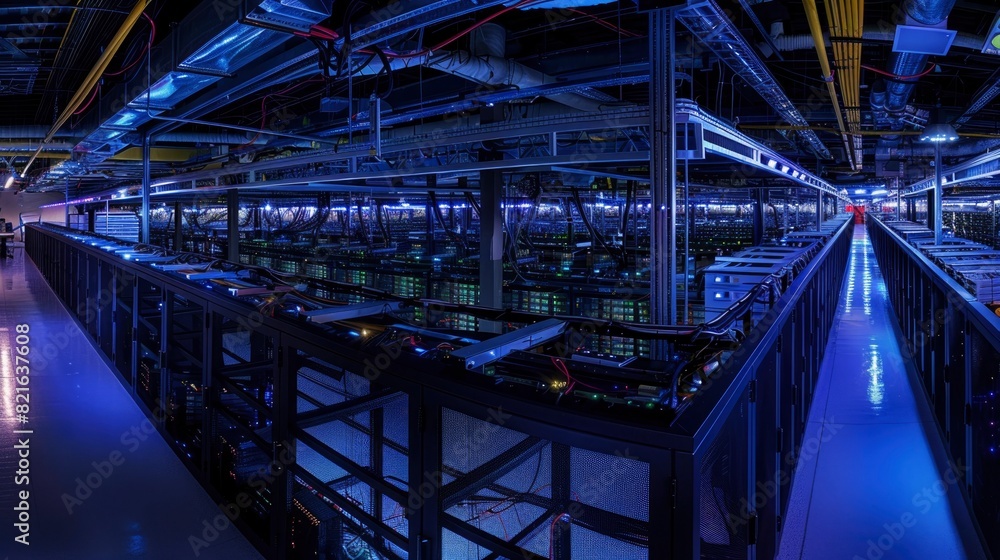 A large room with many computers and wires. The room is lit up with blue lights. Scene is industrial and futuristic A large room with many computers and wires. The room is lit up with blue lights. Scene is industrial and futuristic