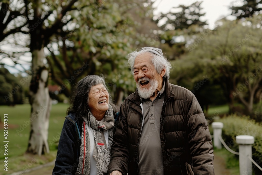 A man and woman are smiling and laughing together in a park. The man is wearing a brown jacket and the woman is wearing a scarf. Scene is happy and joyful
