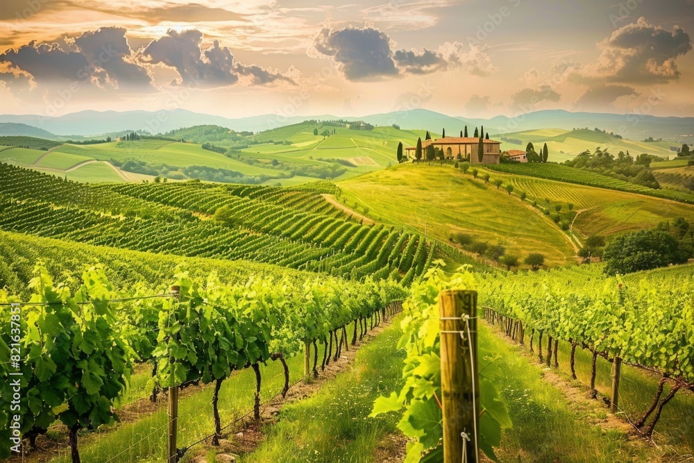 A vineyard with a house in the distance. The vineyard is lush and green, and the house is a beautiful red building. The scene is peaceful and serene, with the rolling hills A vineyard with a house in the distance. The vineyard is lush and green, and the house is a beautiful red building. The scene is peaceful and serene, with the rolling hills