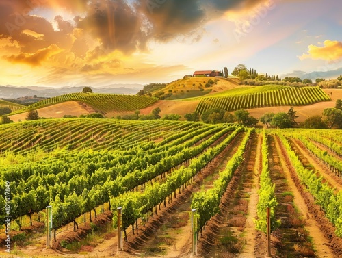 A beautiful vineyard with a red house in the distance. The sky is orange and the sun is setting
