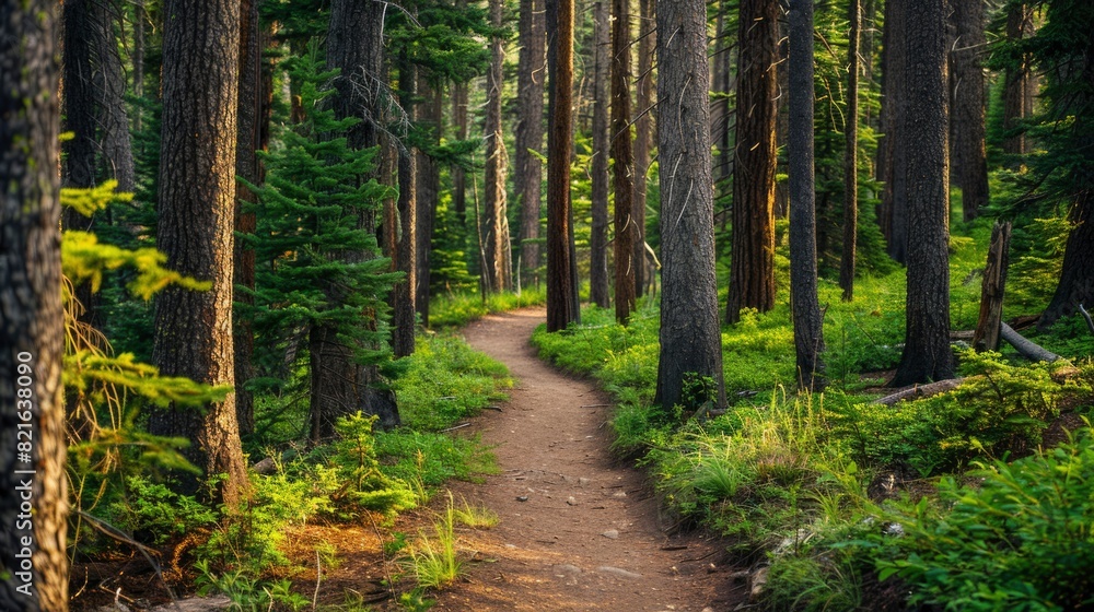 A path through a forest with trees on both sides. The path is surrounded by green grass and leaves A path through a forest with trees on both sides. The path is surrounded by green grass and leaves