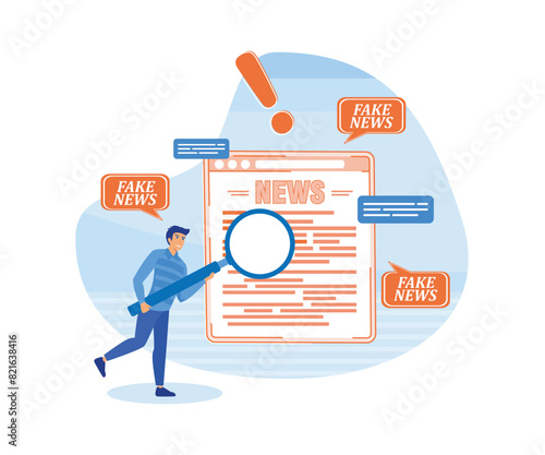 Amazed man with magnifying glass research on fake news spreads in social media. Man shocked from article in online press with disinformation, falsehood and lies. flat vector modern illustration