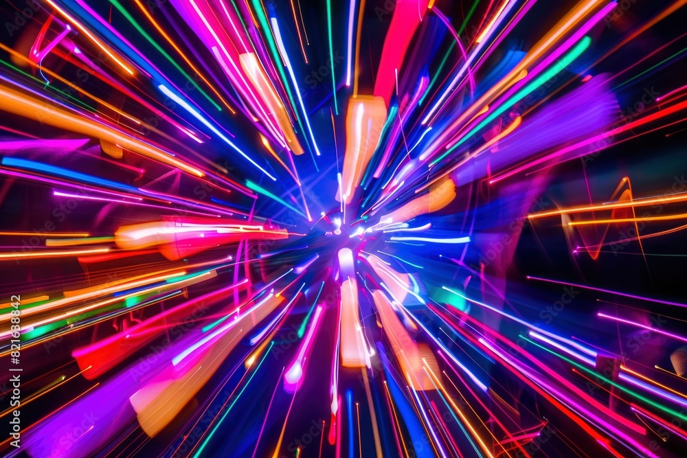 Fototapeta premium A colorful, blurry image of a light show with many different colors. The image has a vibrant and energetic mood, with the colors and movement creating a sense of excitement and movement