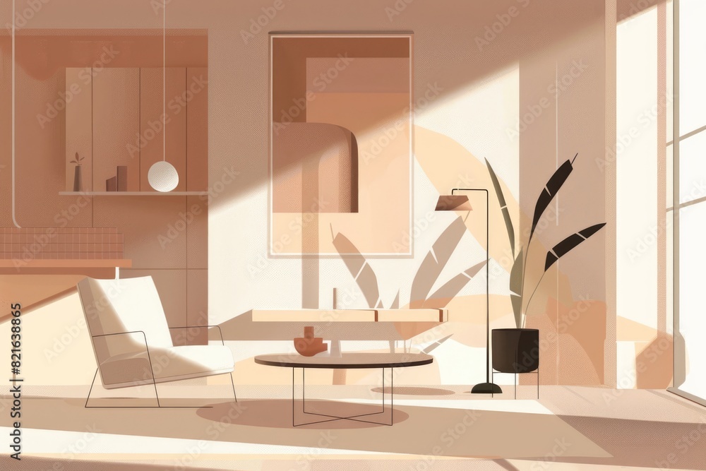 Obraz premium A drawing of a living room with a white chair, a coffee table, a potted plant, and a vase. The room is bright and airy, with sunlight streaming in through a window