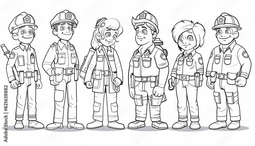 Simple line drawing for coloring book of Professions: doctors teachers