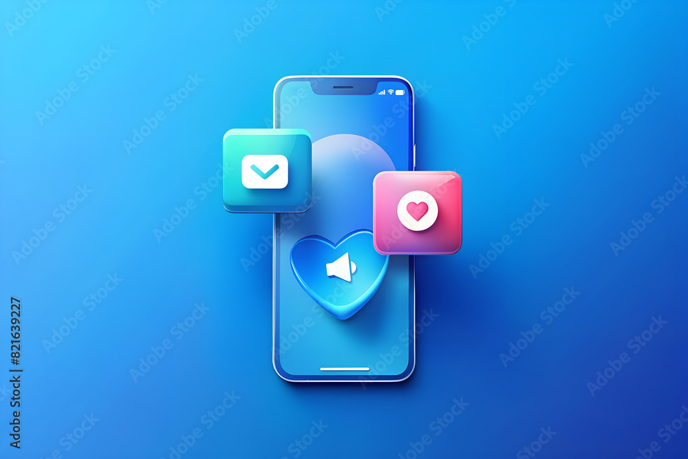 Social Media Day banner design with phone icons, blue gradient background, bubble icons, heart shapes and typography tittle and date. Social Media Day Concept. 3D render. illustration. Copy space.