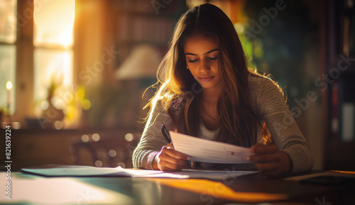 young Indian woman doing financial paperwork for taxes photo