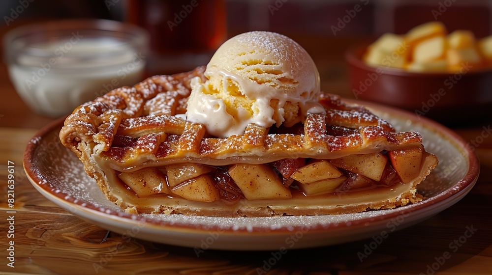 A warm apple pie with a scoop of vanilla ice cream melting on top. A warm apple pie with a scoop of vanilla ice cream melting on top.