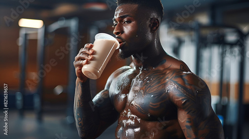 Muscular Man Drinking Protein Shake, Fitness Athlete Enjoying Nutritious Beverage After Workout, Healthy Lifestyle Concept, Generative AI

 photo