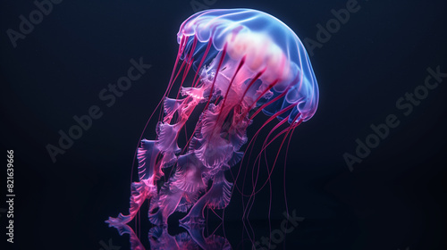 Hyper realistic, translucent, wet jellyfish in front of a black background, with reflection in a pool of water underneath