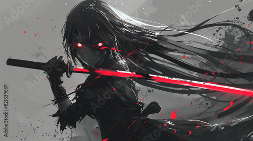 An anime girl with long hair holds a katana in her hands, mysterious emotions, glowing red eyes, a katana emitting infrared red light from inside