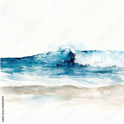 Watercolor painting of a minimalist wave breaking on the shore  captured with fluid  sweeping strokes  on isolated white background  Generative AI